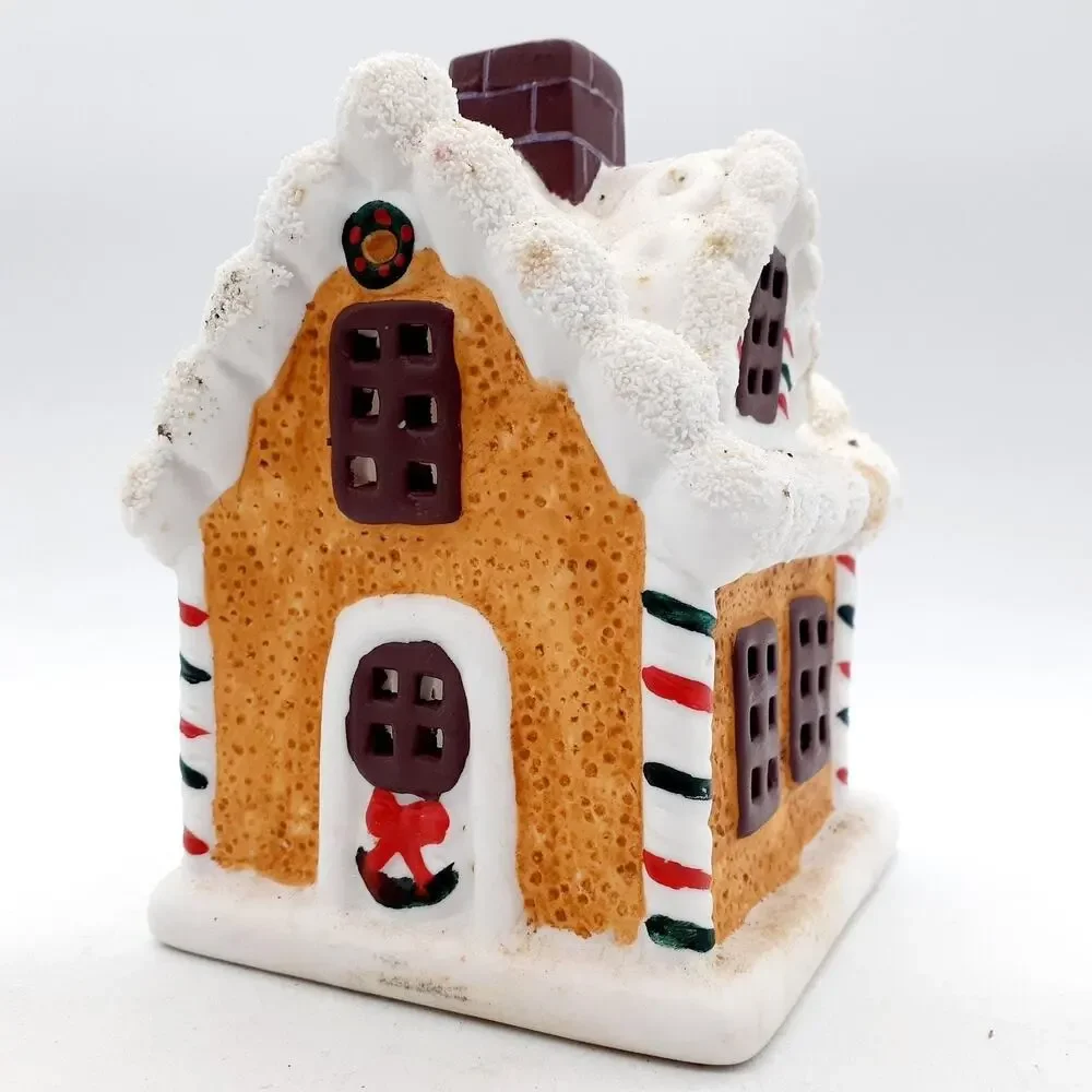 Ceramic Gingerbread House Tealight Candle Holder Snow Roof Holiday Decor